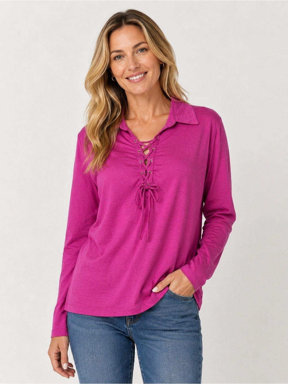 ST. JOHN Sport By Marie Gray Knit Top Pink Blouse Shirt Lace Up Front Size Large
